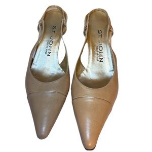 St John VTG Sling Back Heel, Low Rise, Kitten Heel, Yellow Cream Leather, Size 5